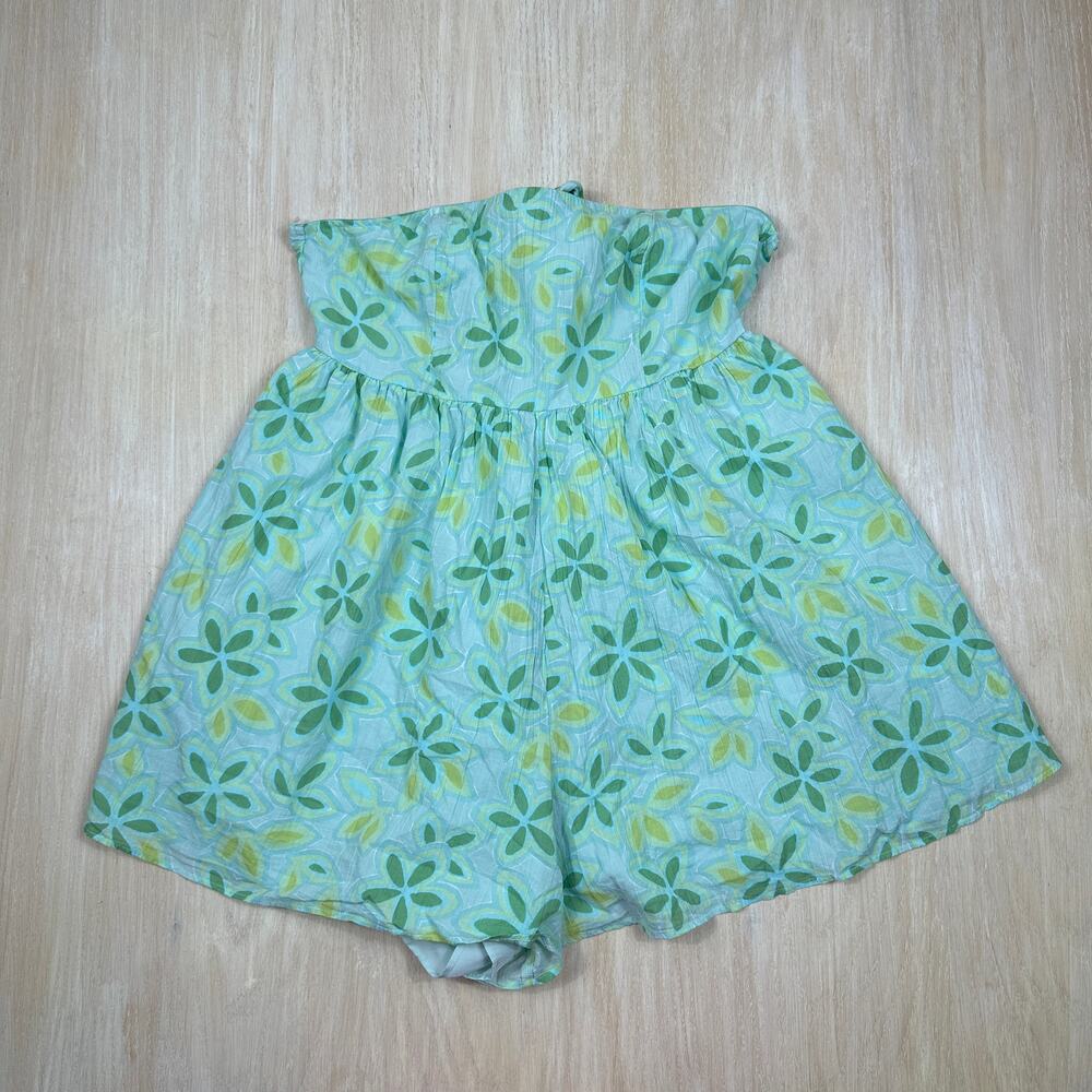 American Eagle Strapless Floral Cotton Romper Green Blue Smocked Summer Boho XL